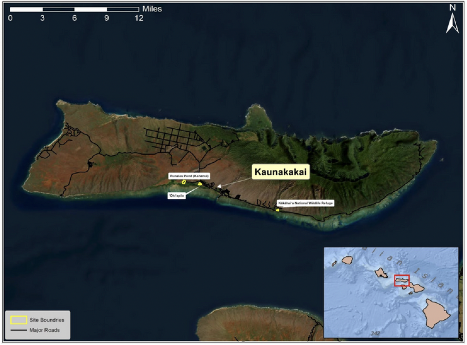 Map of the island of Kauai showing major roads, site boundaries, and points of interest including the Punaluu Pump (Kahanu), Oh’apele, and Koloa’s National Wildlife Refuge, with an inset map highlighting Kauai among Hawaiian islands.