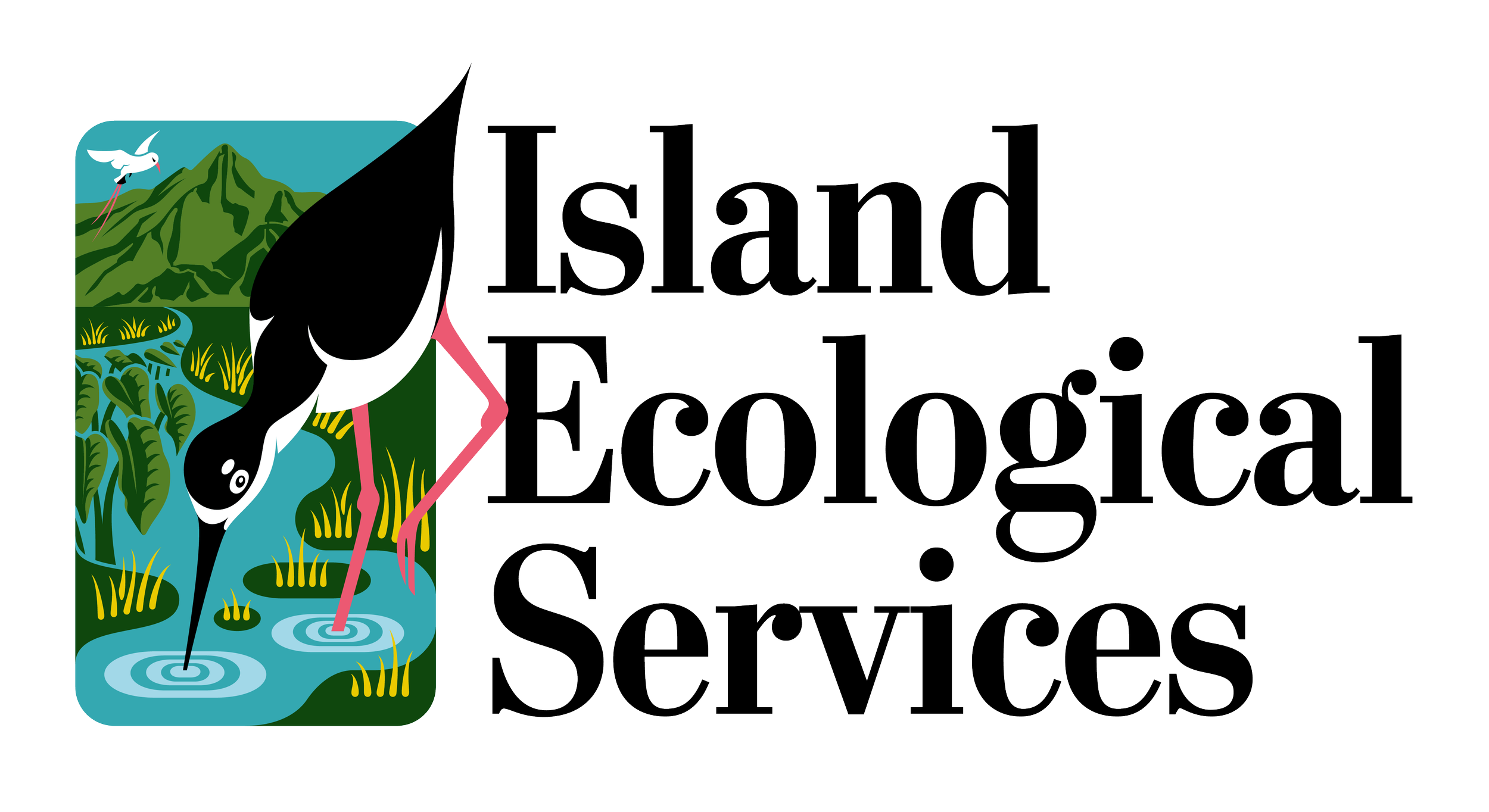 Logo for Island Ecological Services featuring a stilt standing in water with a mountain and lush greenery in the background.