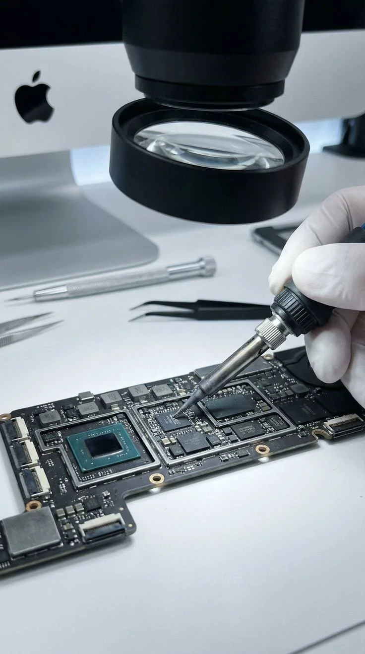 Mano con guantes revisando una placa base de computadora con un soldador y lupa en un ambiente de reparación tecnológica.