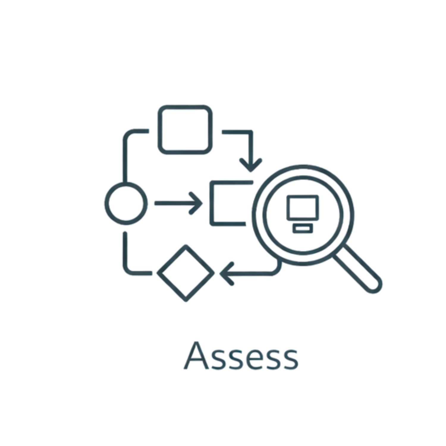 A stylized icon of a magnifying glass inspecting a document, representing assessing or reviewing, with the word 'Assess' below.