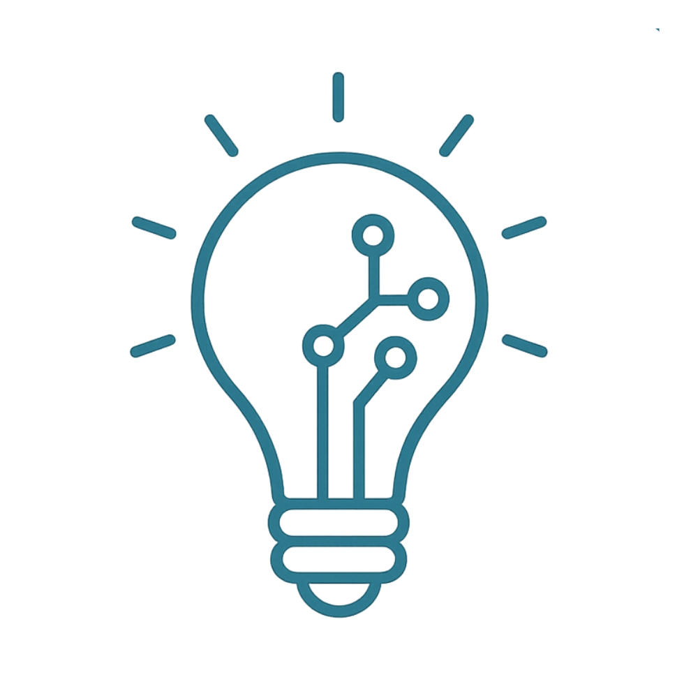A digital illustration of a light bulb with a circuit board design inside, representing ideas and innovation, with abstract lines and shapes in the background.