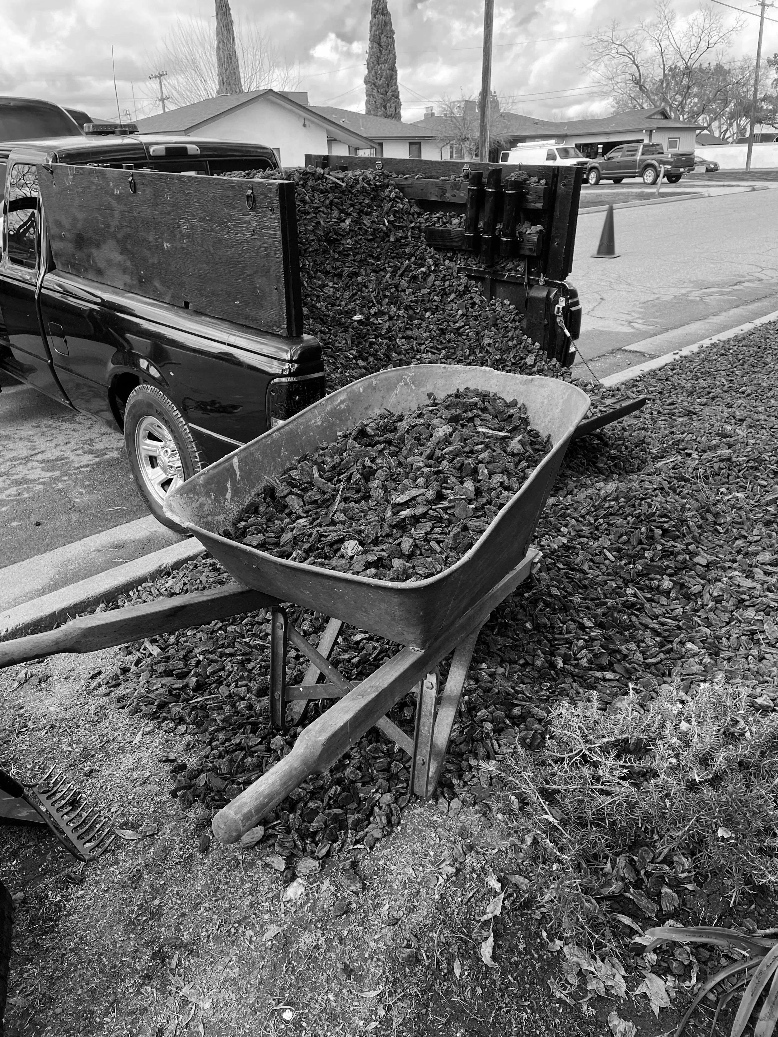 A wheelbarrow filled with rocks and a pile of rocks in the back of a pickup truck. The scene is outdoors on a street with houses, trees, and parked cars visible in the background.