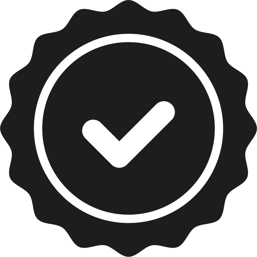 Black checkmark inside a circular badge or seal.