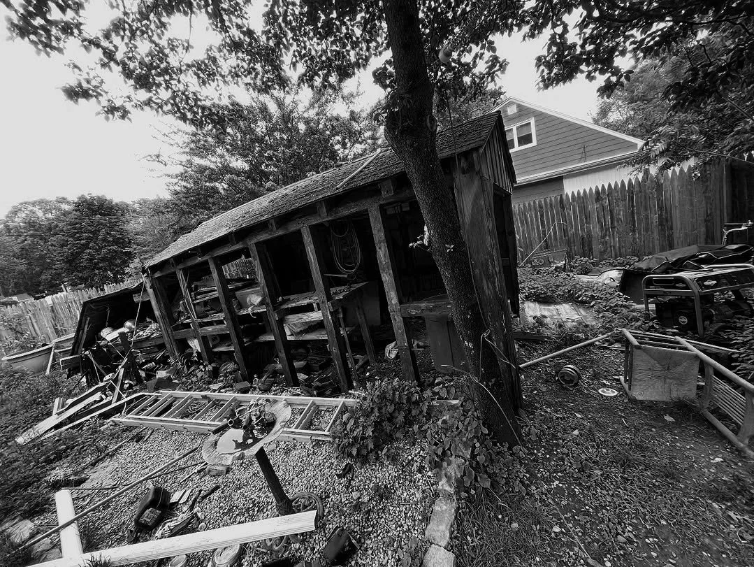 A backyard scene with a toppled shed, a tree in the center, and various scattered objects including a ladder, tools, and parts of a small play structure, all in black and white.