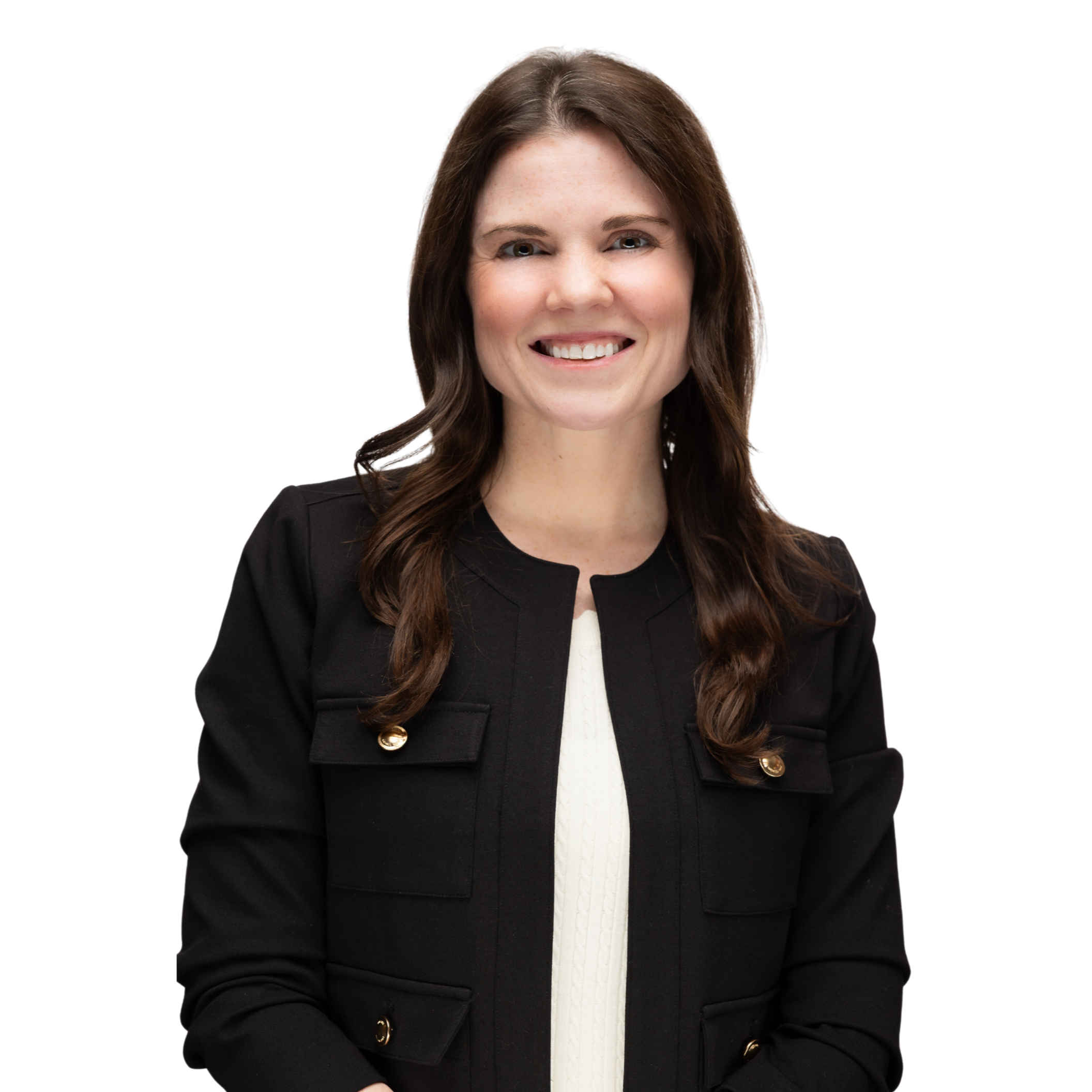 A woman with long brown hair smiling, wearing a black blazer with gold buttons and a white top, against a plain white background. Mackensey Bacon CEO of NodeAI