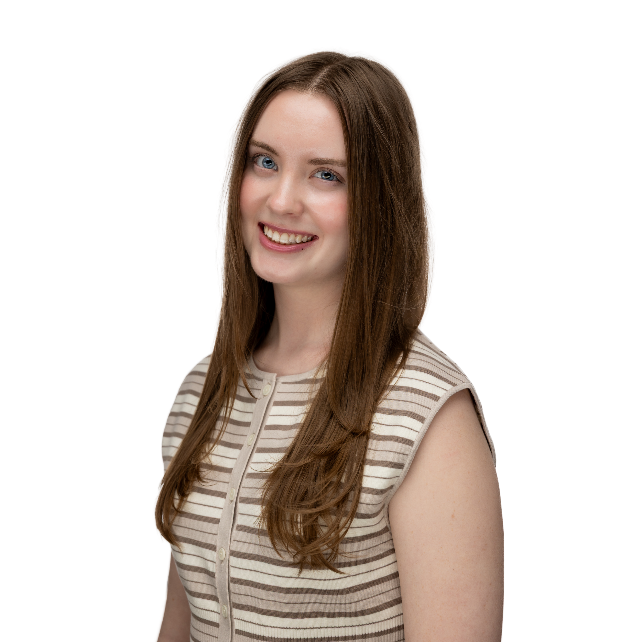 A young woman with long brown hair, blue eyes, and a striped sleeveless top smiling at the camera against a plain white background. Janelle Pretti, ML Engineer NodeAI