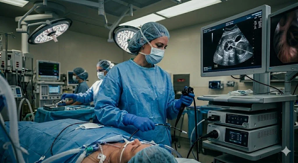 A medical team performs an Endobronchial ultrasound on a patient in an operating room, with two monitors displaying ultrasound images