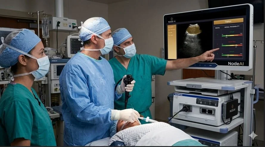 Medical team performing an Endobronchial ultrasound augmented with NodeAI on a patient in an operating room, with one doctor pointing at the ultrasound monitor showing imaging results.