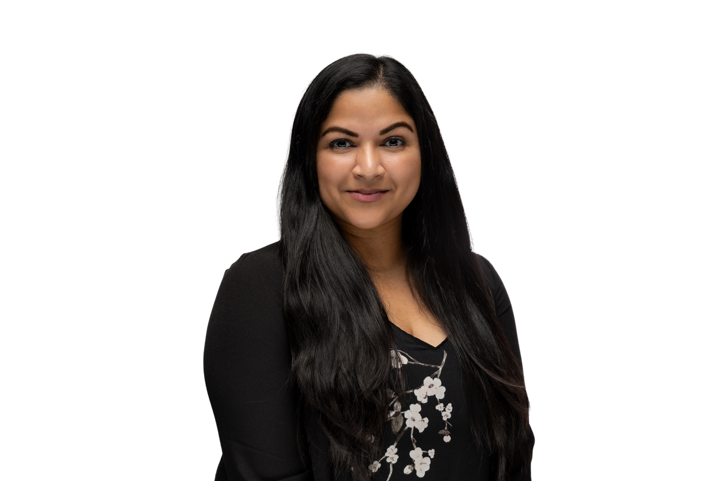 A woman with long black hair wearing a black blazer and a floral top, smiling slightly against a plain white background. Yogita Patel Director of Clinical Trials Operations NodeAI