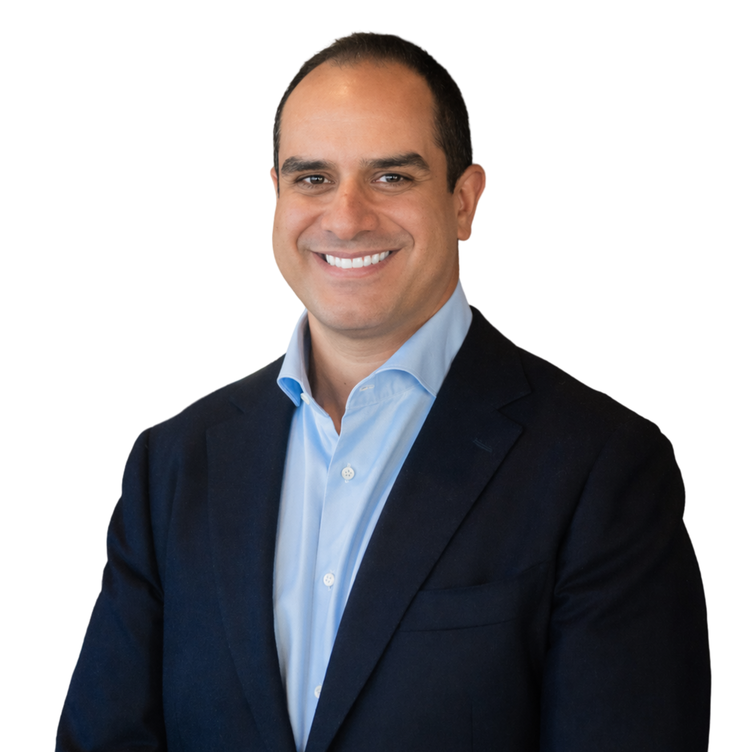 A professional headshot of a man with short dark hair, wearing a light blue dress shirt and a dark suit jacket, smiling against a plain white background. Cherif Habib