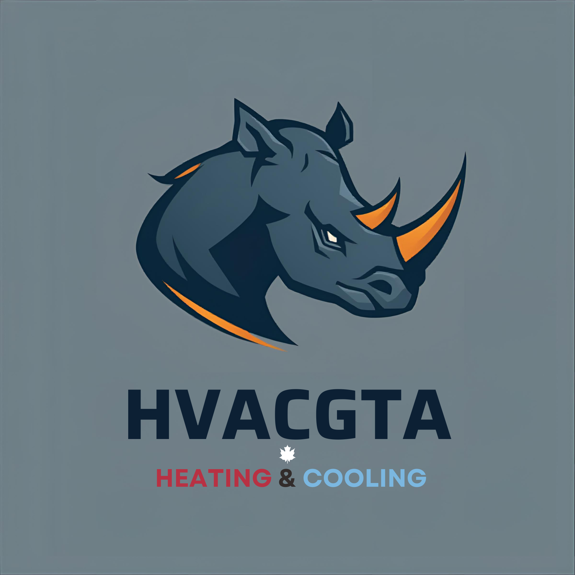 A logo for HVAC services featuring a stylized blue and gray rhino with orange accents, and text below reading 'Heating & Cooling' in red and blue.