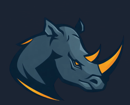 Stylized illustration of a rhinoceros head with dark blue and orange accents on a dark background.