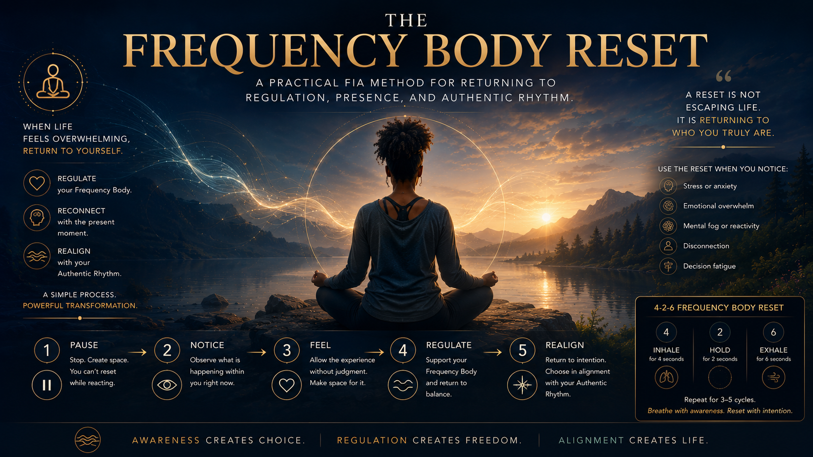 Infographic titled "The Frequency Body Reset" showing a person practicing meditation by a lake at sunset. Instructions for a breathing and awareness technique, including five steps: pause, notice, feel, regulate, realign. Side notes on when to use the reset and common triggers. Colorful, peaceful background with mountains and water.
