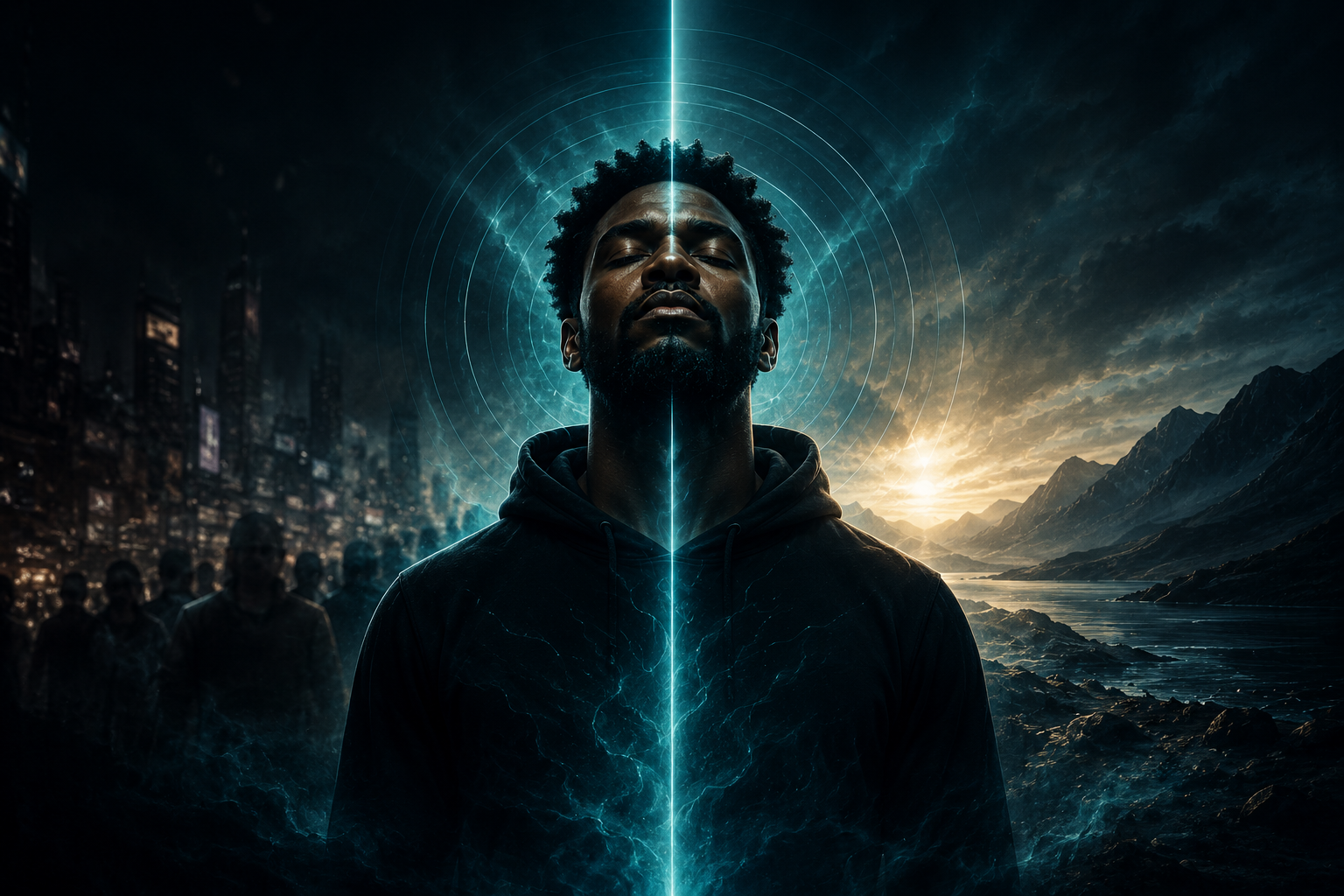 A man with closed eyes stands in front of a surreal landscape, with a cityscape on one side and mountains and river on the other. The scene has a futuristic, digital effect with glowing lines and circular patterns, and the sun is setting behind the mountains.