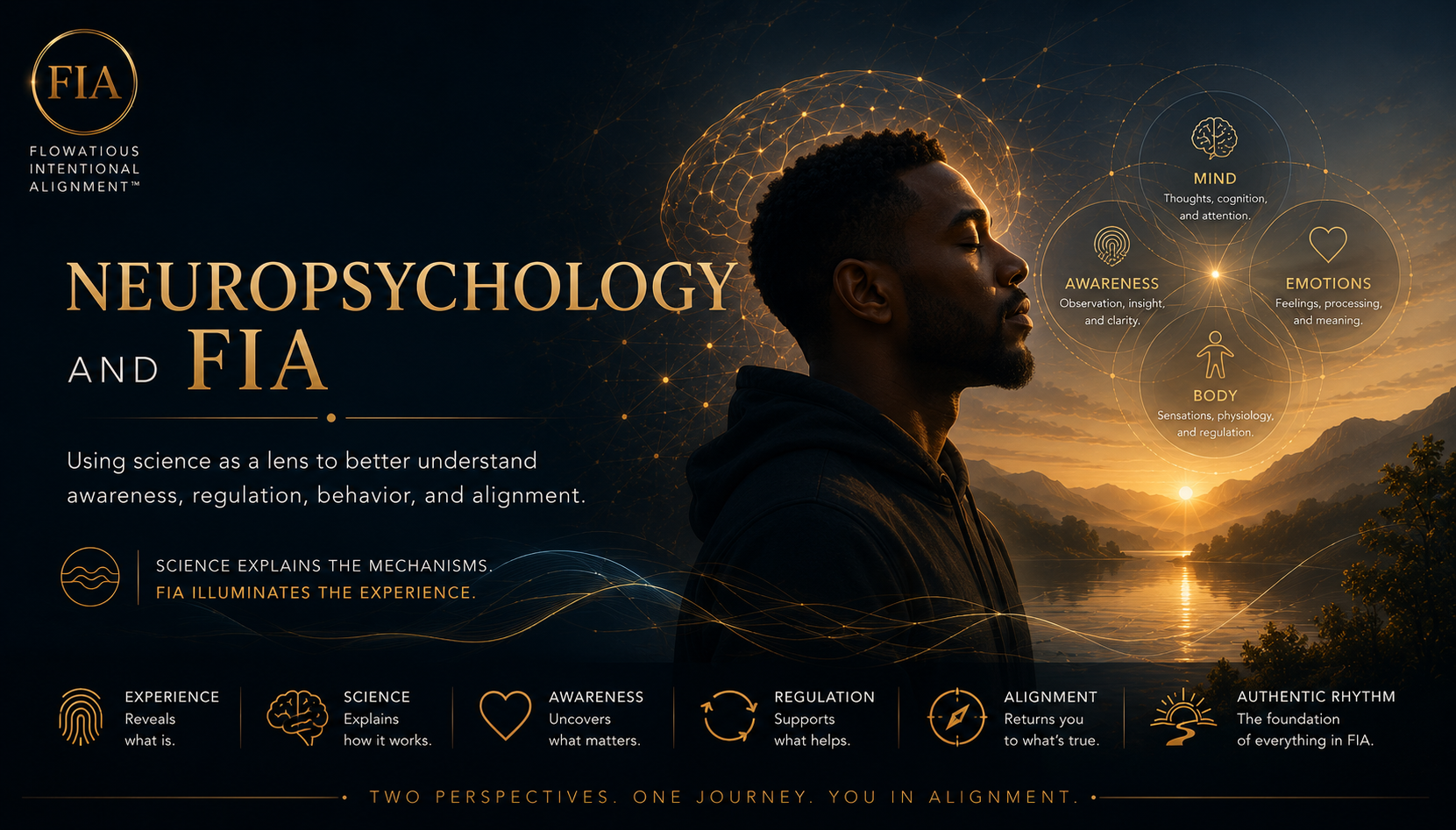 Poster about neuropsychology and FIA, illustrating their connection through science, awareness, mind, emotions, and body, with a person meditating at sunset by a river in a mountainous landscape.
