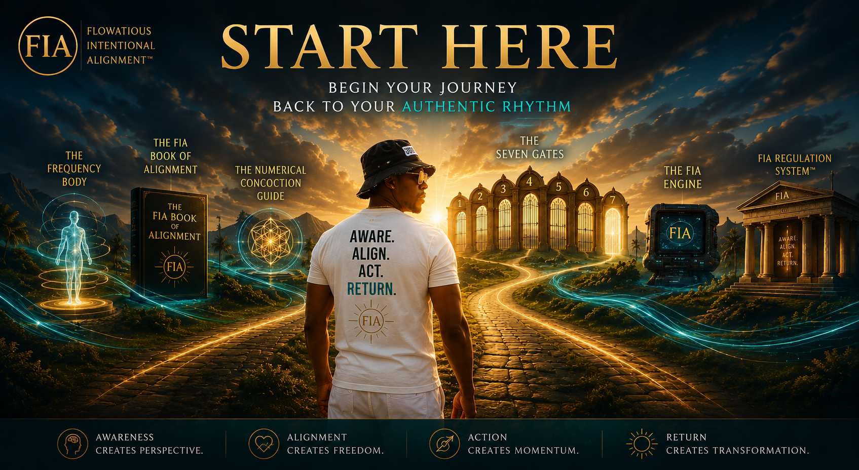 A digital artwork promoting the FIA flow-conscious alignment system, showing a person in a white t-shirt with the words "Aware. Align. Act. Return." standing on a glowing pathway leading to seven gates labeled 1 to 7, against a dramatic sunset sky. Surrounding elements include symbolic representations of the frequency body, FIA book of alignment, numerical connotation guide, FIA engine, and FIA regulation system, with text emphasizing the start of a journey back to authentic rhythm.