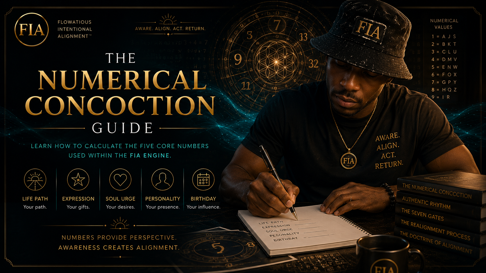 A person wearing a black shirt and a black hat with 'FIA' on it, sitting at a desk and writing in a notebook. The desk has a stack of books titled 'The Numerical Concoction' and other titles. The background features geometric and numerical designs related to the 'Numerical Concoction Guide' and the FIA engine.