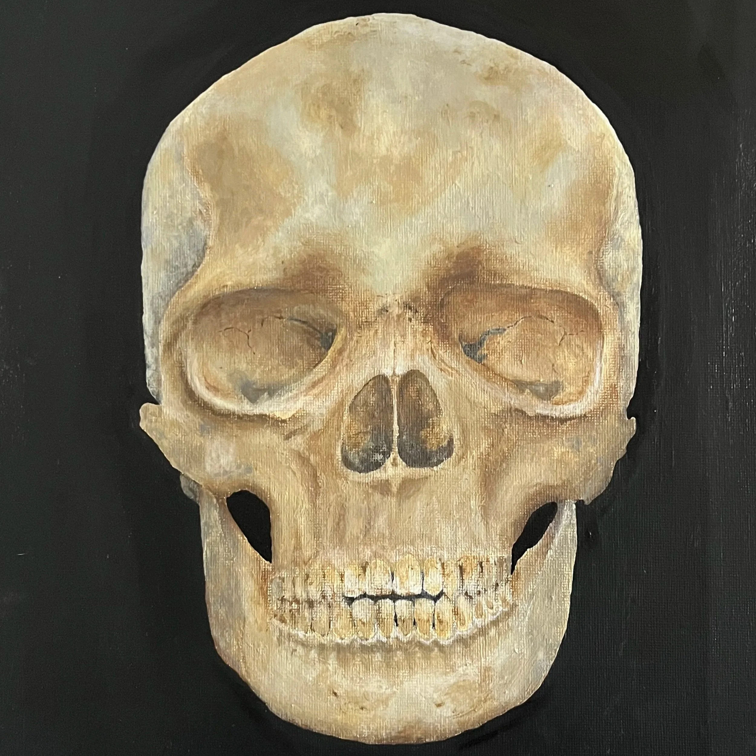 A painting of a human skull on a black background.