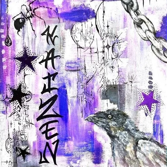 Mixed media artwork featuring a painted crow, purple stars, chain, heart, insects, and graffiti-style text on a purple and white background.