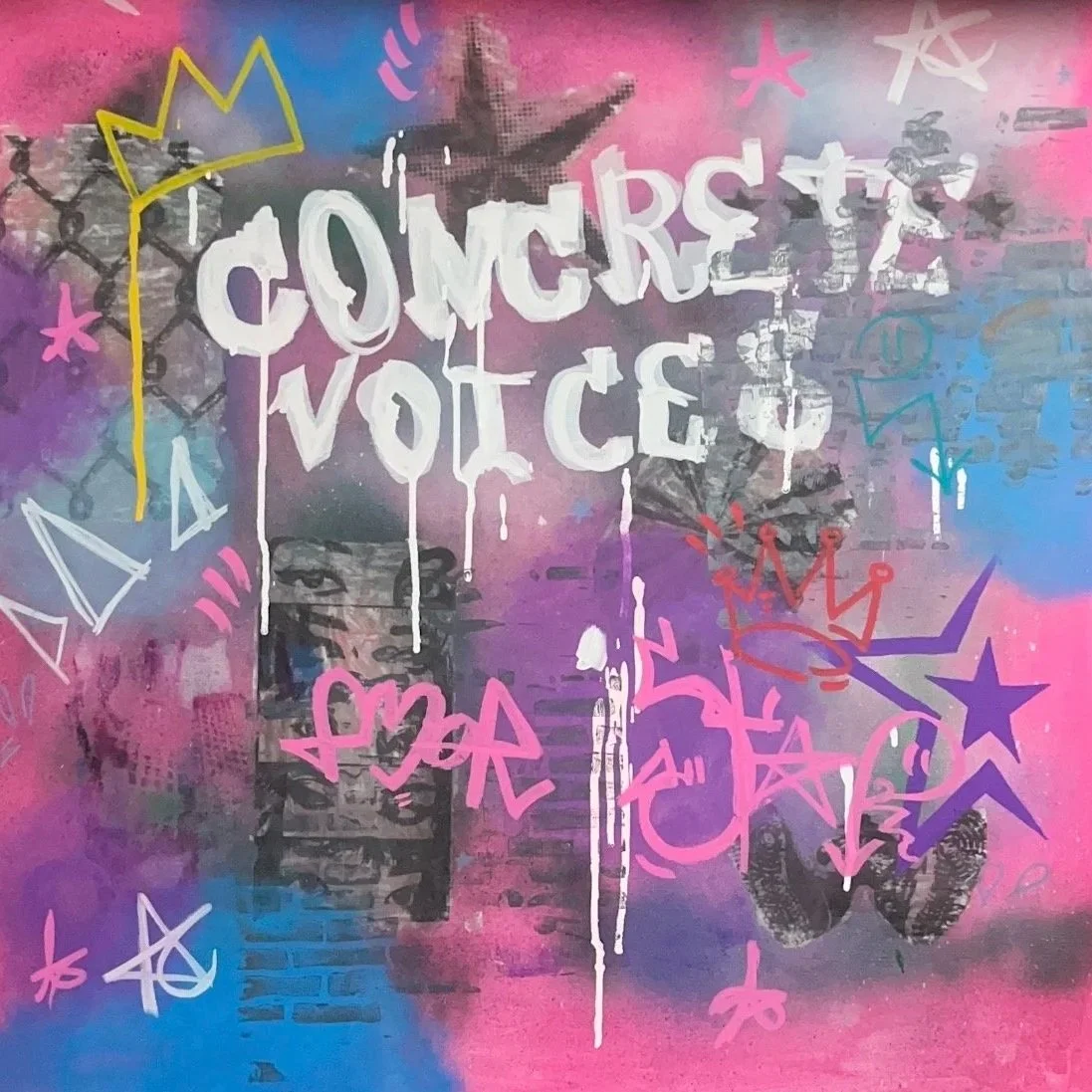 Colorful graffiti mural with the words 'Conserve Voice' in white, surrounded by stars, crowns, abstract shapes, and a black star on a pink and purple background.