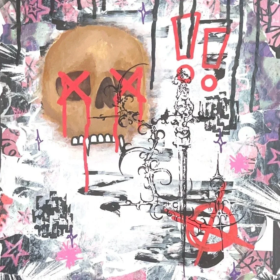 Mixed media artwork featuring a large painted skull with dripping red paint, black graffiti-style sketches, and spray-painted symbols including exclamations and a pentagram. Background contains abstract patterns, stars, and splashes of pink, purple, and black.