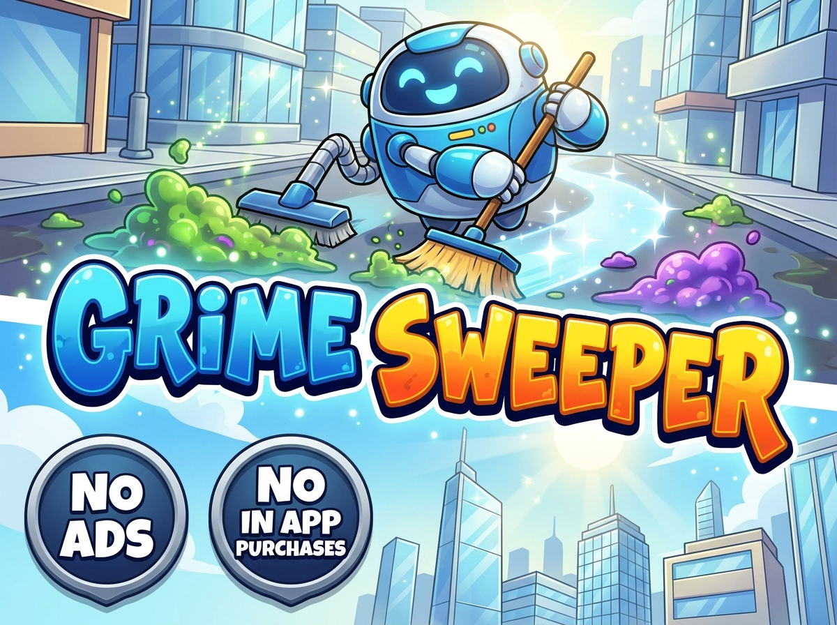 Grime Sweeper feature graphic displaying satisfying cleaning gameplay. An ad free mobile game featuring absolutely no in app purchases.