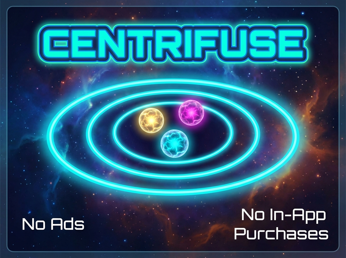 Feature graphic for Centrifuse stands out as a mobile game with no ads, ensuring your logic and strategy are never broken by a pop-up.