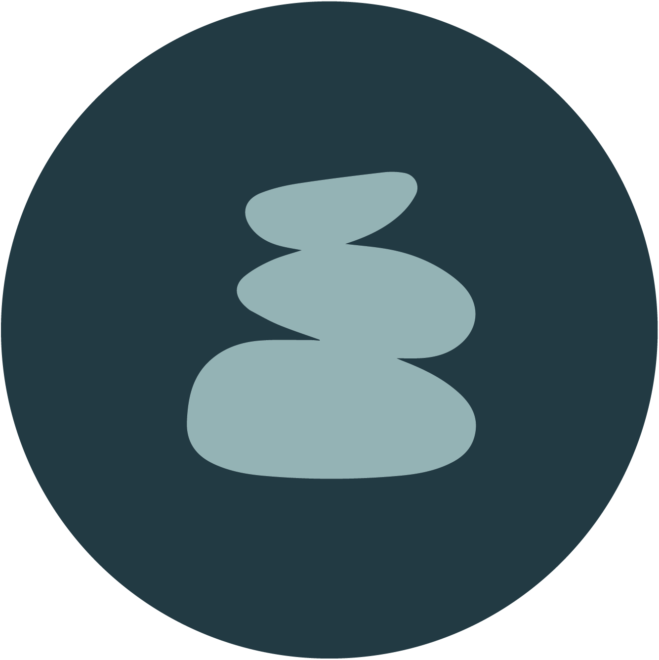 Illustration of a stack of five smooth stones, each a different size, against a dark circular background.