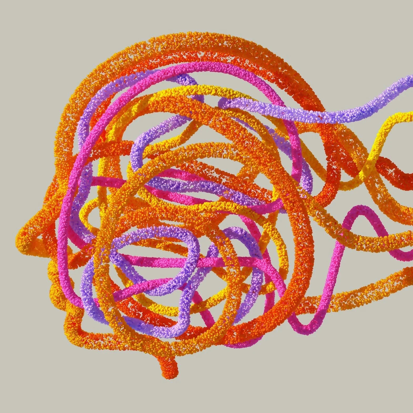 Stress and anxiety image - tangled threads of different colours making a profile image