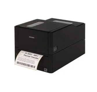Black thermal label printer printing a barcode label with text.