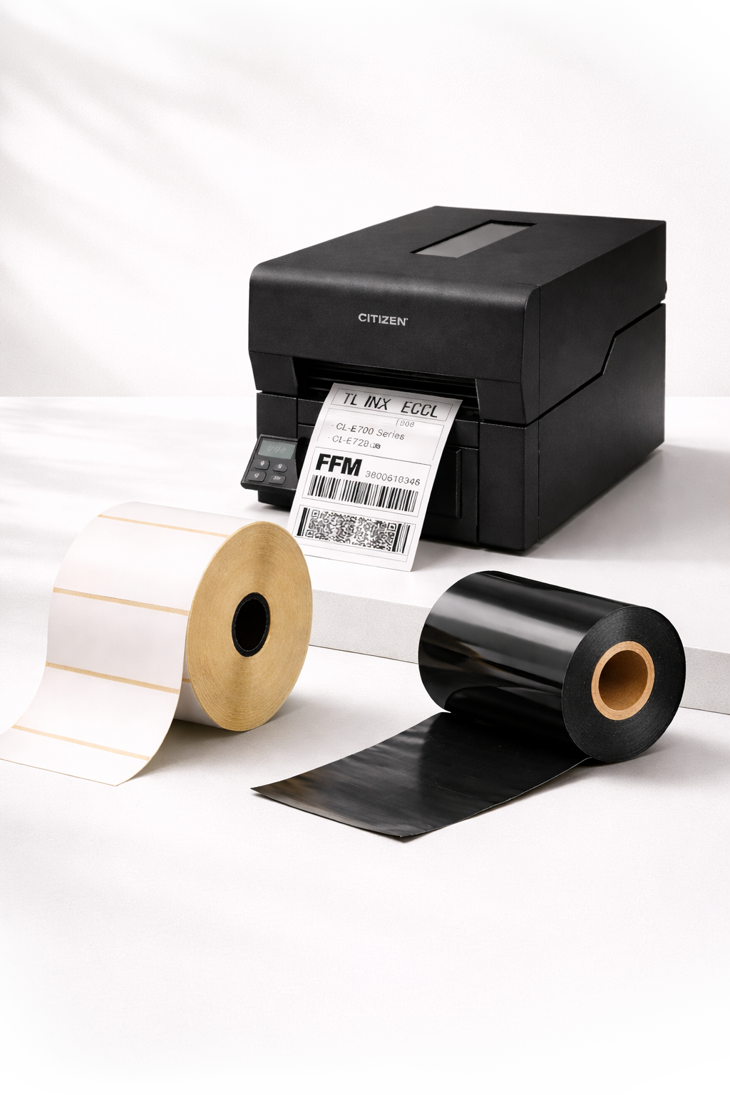 A black label printer printing a barcode label, with two rolls of different colored label tapes, one white with gold stripes, and one black, placed beside it on a white surface.