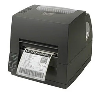 A black Citizen Express thermal label printer printing a shipping label.