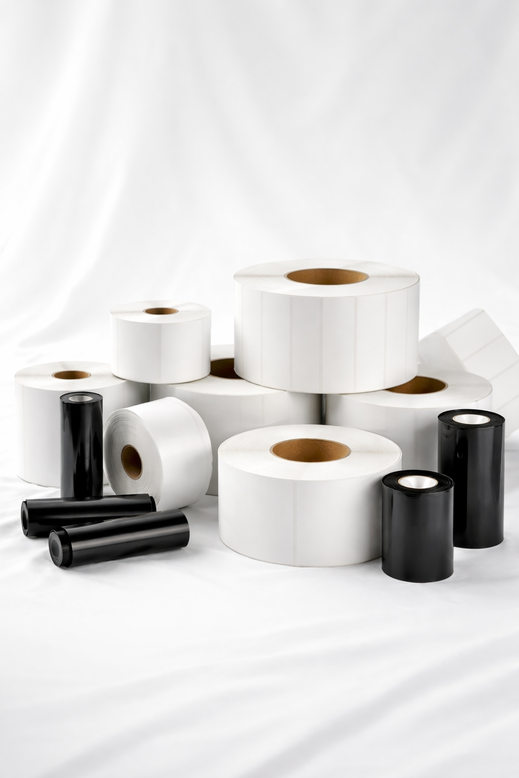 Multiple rolls of white and black adhesive tape arranged on a white surface.