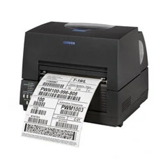 Black barcode label printer printing labels with barcodes and text.