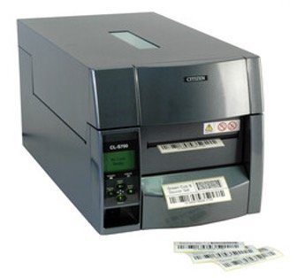 A silver thermal label printer printing barcode labels.