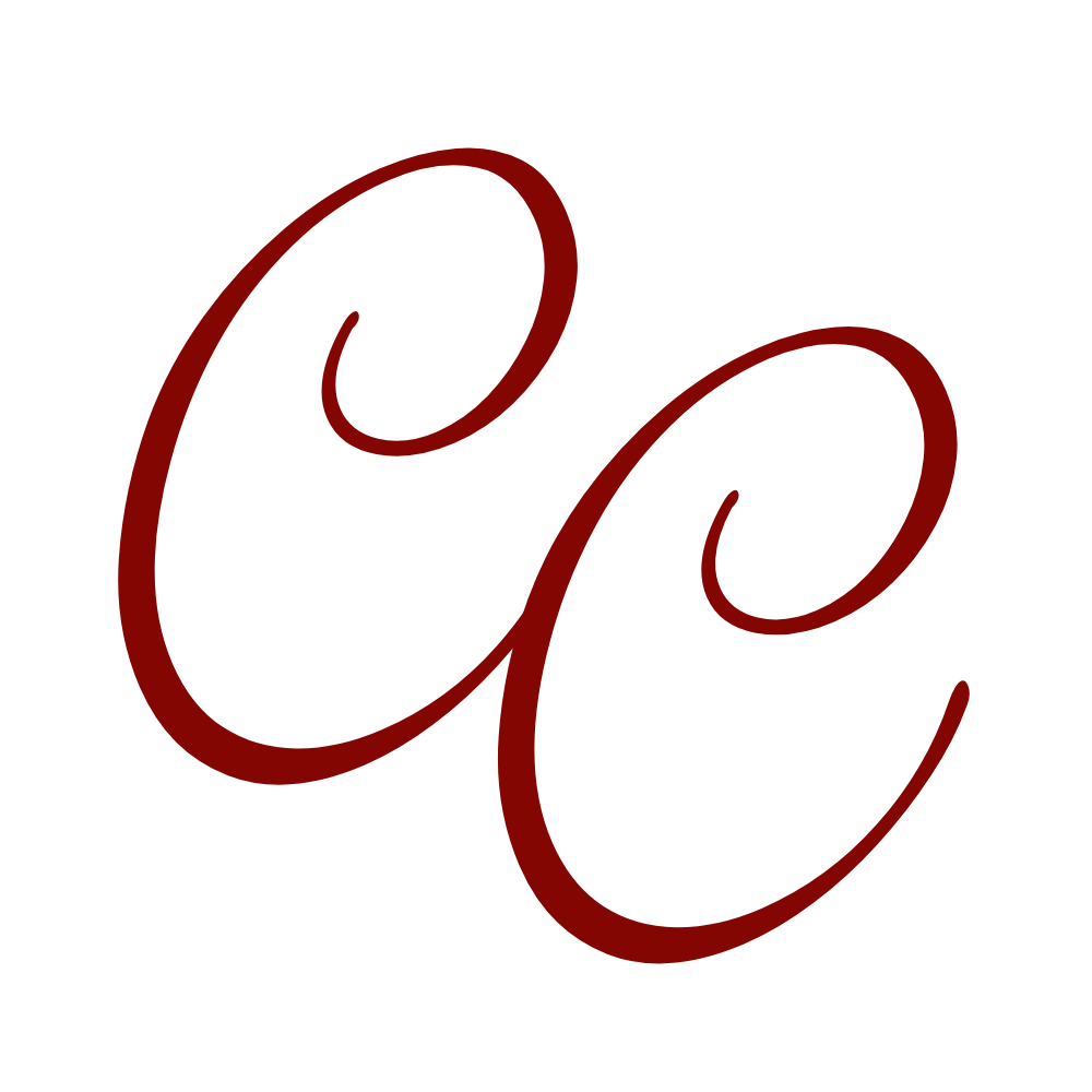 Red cursive letter C on a black background.