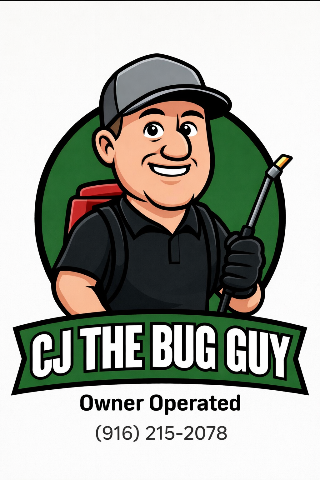 Logo featuring cartoon man with gray baseball cap, black shirt, backpack, and a bug swatter, with text 'CJ THE BUG GUY' and contact information.