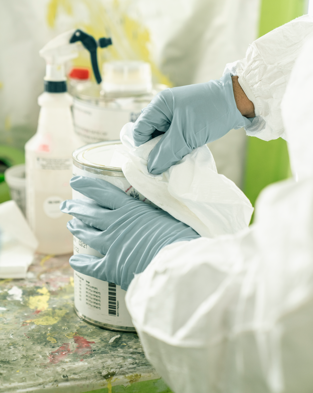 Person wearing gray gloves and white protective suit opening a paint can with paper towel in a laboratory or studio setting.