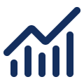 Dark blue upward trending graph icon with bars and a line with an arrow pointing up
