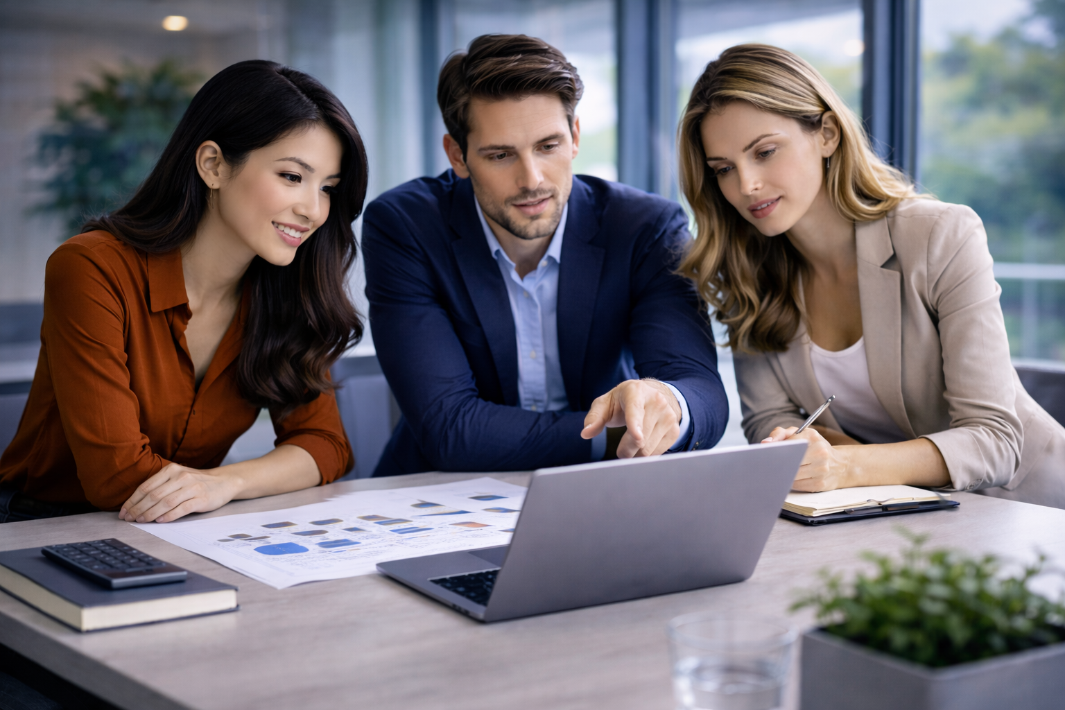 Three business professionals, two women and one man, collaborating around a laptop in an office setting.