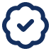 A blue checkmark badge or seal.