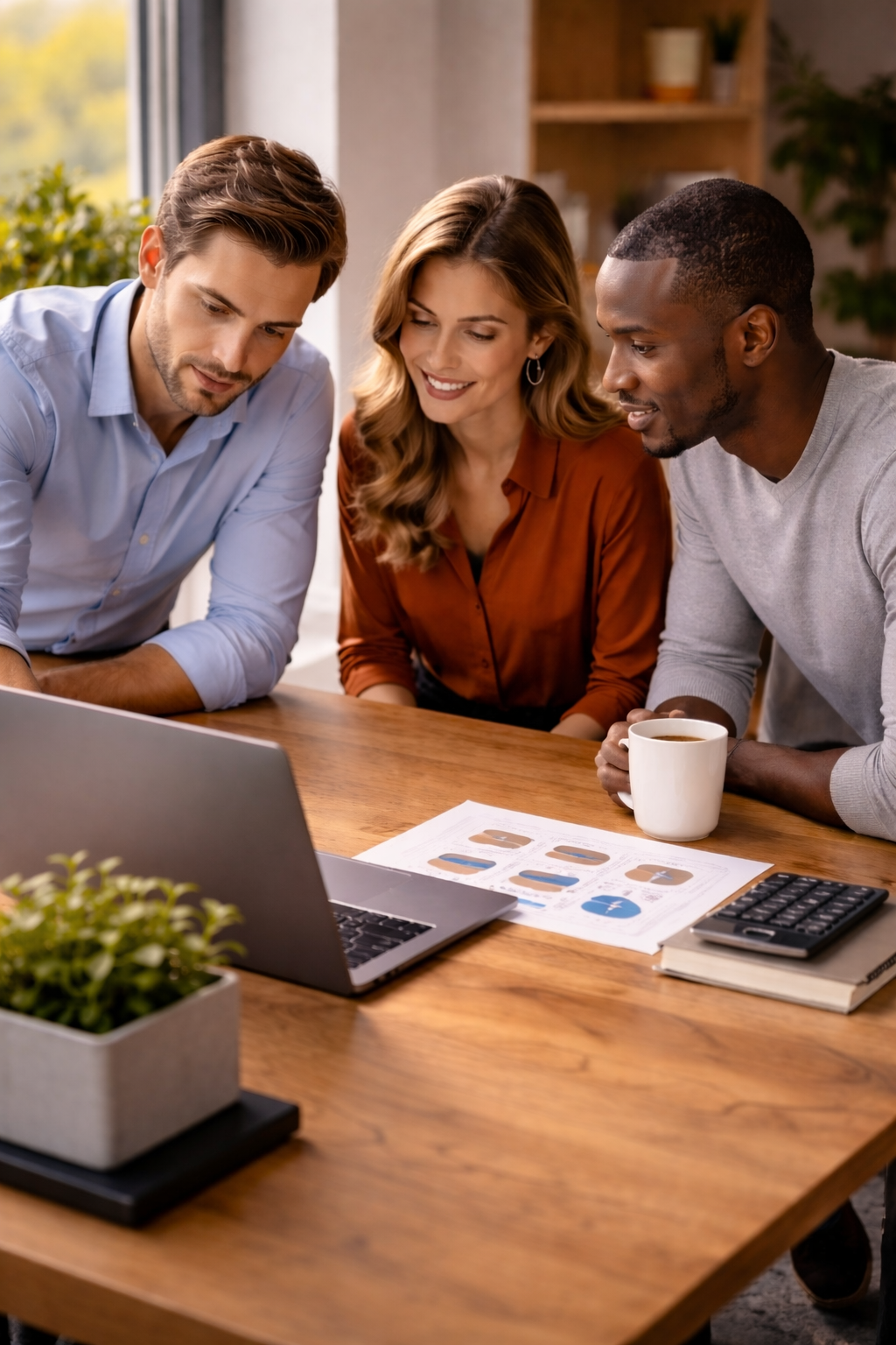 Three people working together at a wooden table, looking at a laptop and documents, with a potted plant and coffee in a bright office.