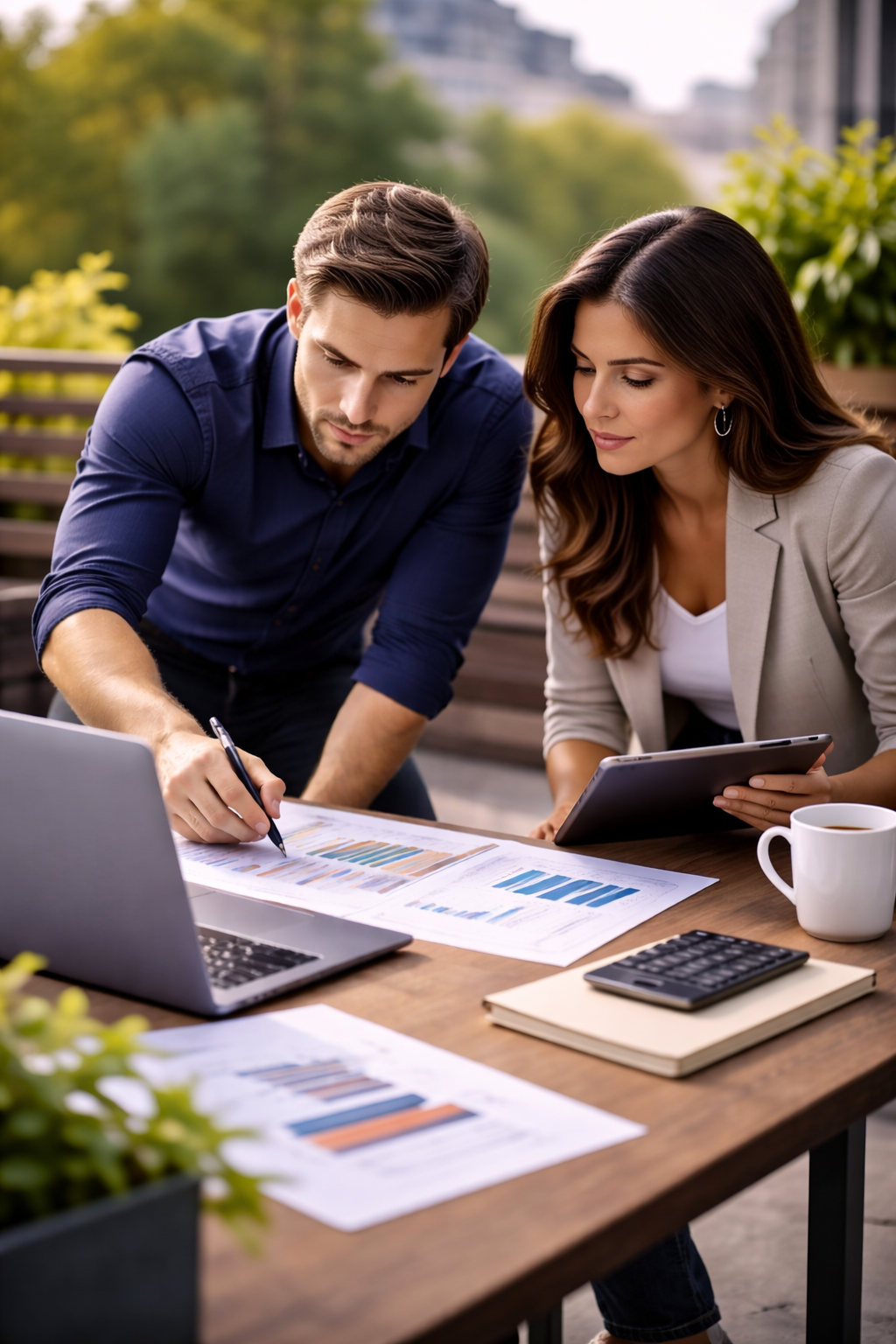 A man and woman working on documents with charts and graphs outdoors at a table.