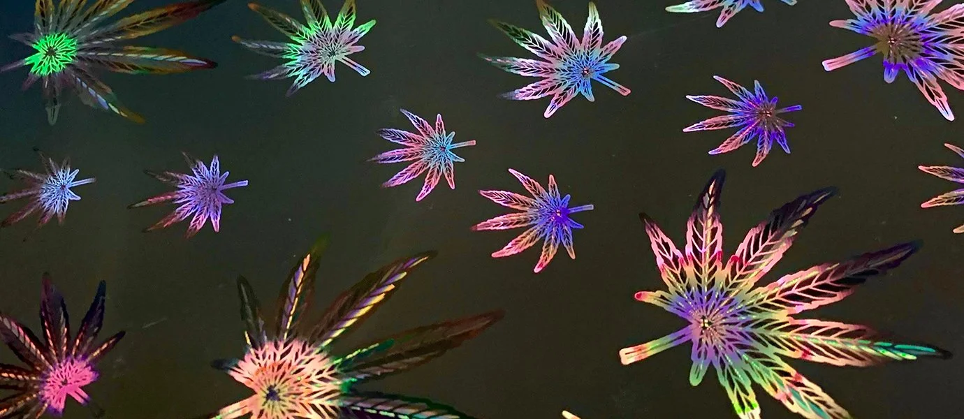 A detailed shot of the cannabis holographic pattern offered by Mainline Holographics.