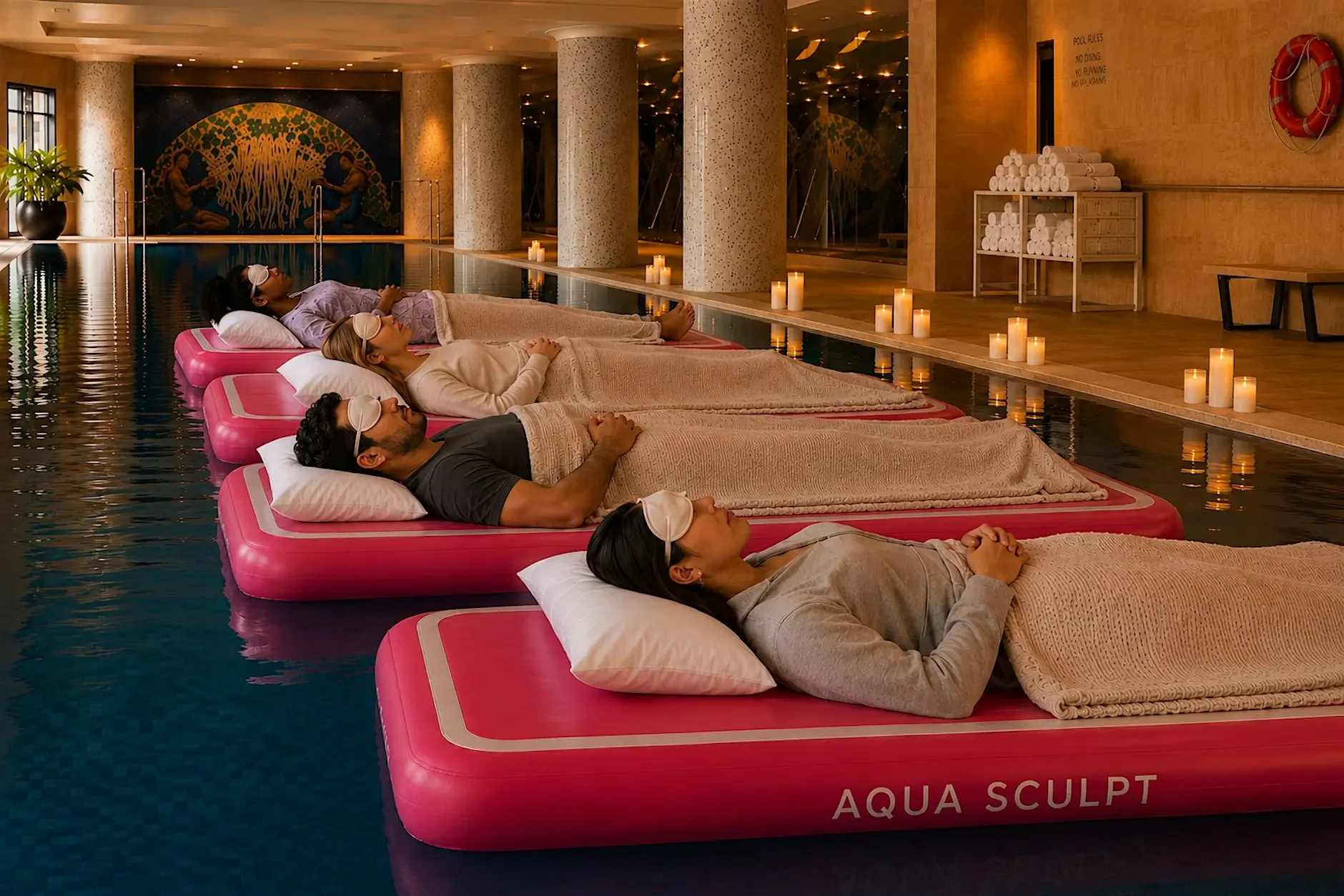 Four people lying on floating mats in an indoor pool, relaxing with eye masks on. The pool area has candles lining the edge, large pillars, and decorative wall art. The mats are pink with the words 'Aqua Sculpt' on the side.
