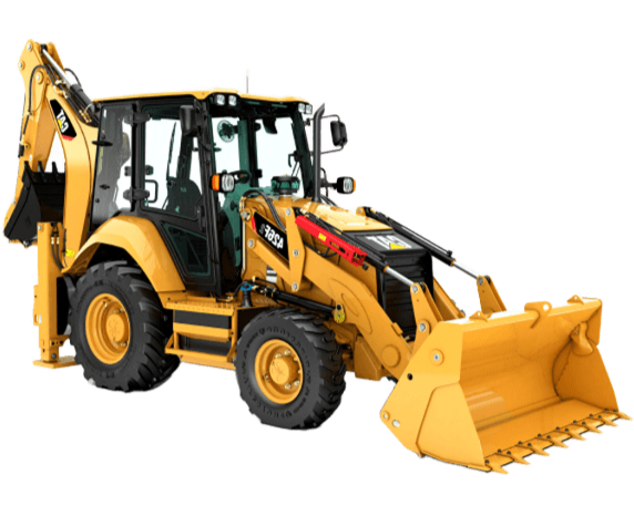Yellow backhoe loader with a front loader attachment and an enclosed cab.