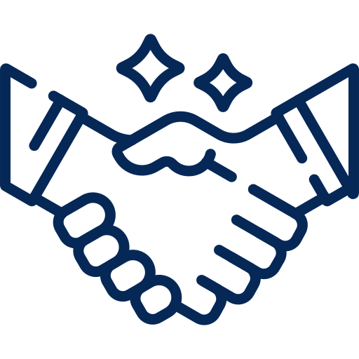 Line drawing of a handshake with sparkles above, symbolizing agreement or partnership.