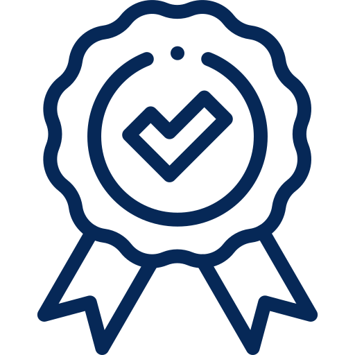 Outline of a ribbon badge with a check mark in the center, representing certification or achievement.