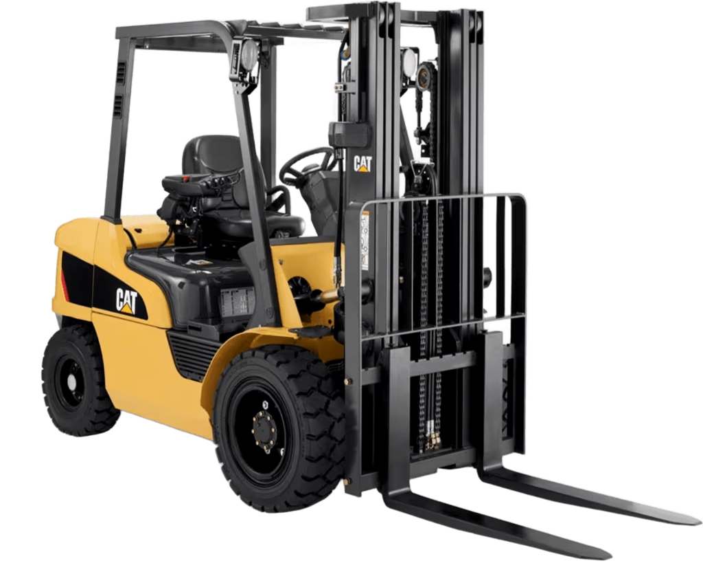 A yellow and black Caterpillar forklift with black tires, a seat, steering wheel, and mast for lifting pallets.
