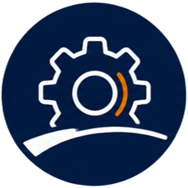 Icon of a gear with an orange mark on a dark blue circular background.